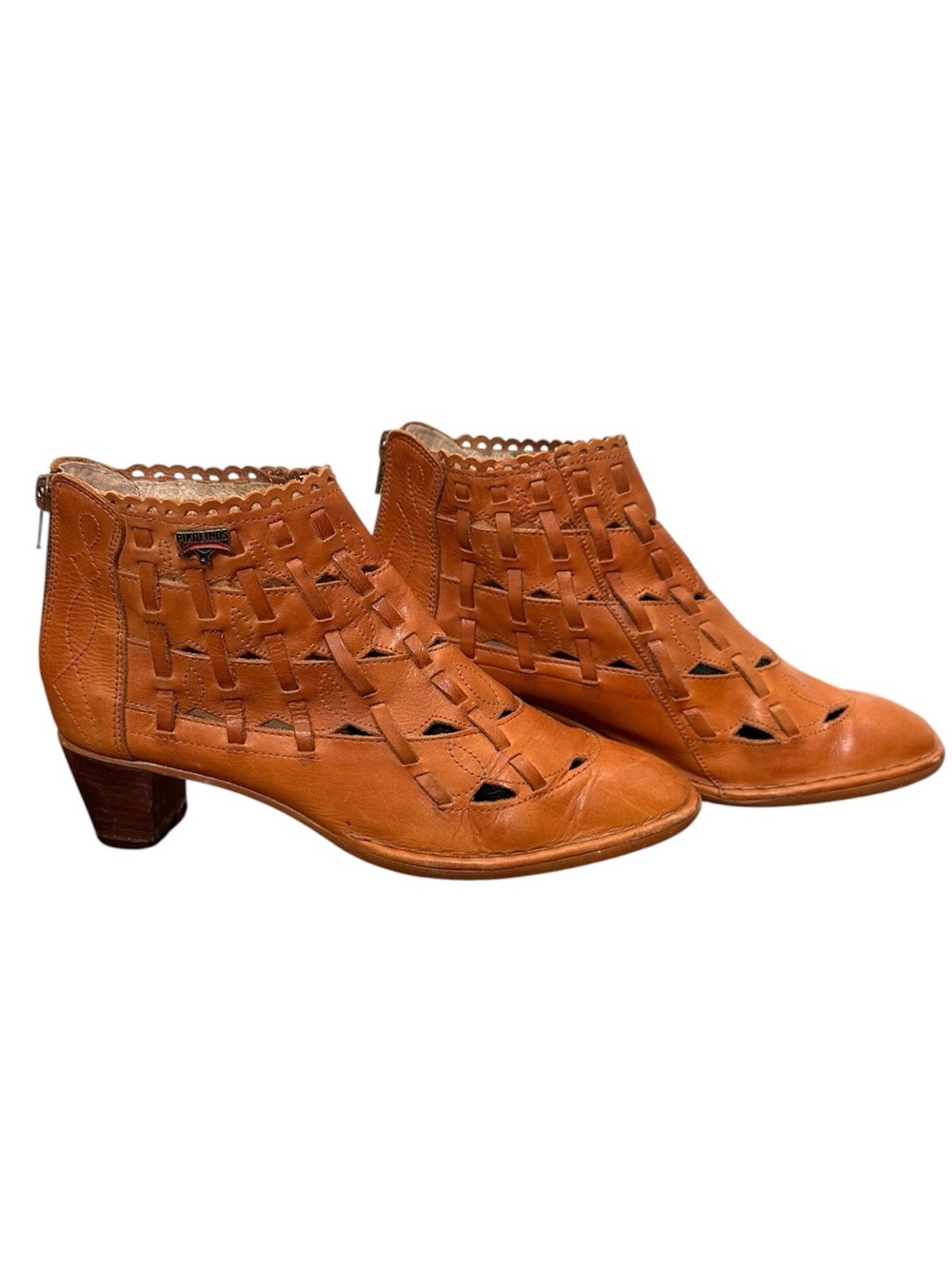 Pikolinos Woven Leather Camel Brown Ankle Boots. Bohemian. Western.Made in Spain